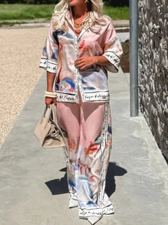 2 Pieces Set for Woman Summer New Elegant Printed Half Sleeves Shirt