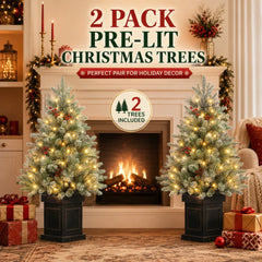 2PCS 3ft Pre-Lit Artificial Christmas Tree with 78 LED Lights, Snow Flocked Mini Xmas Tree with Timer Function, Battery Operated Small Holiday Tree for Home Office Tabletop Decor