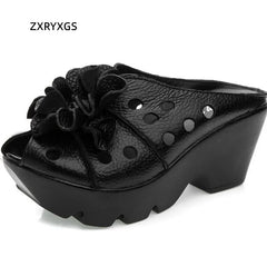 2026 New Summer Thick Bottom Slope with High Heel Slippers Genuine Leather Sandals Flowers Hollow Women Shoes Fashion Sandals