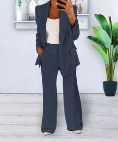 Women Suits 2 Pieces Set Fashion Lapels Single-button Coat Straight Leg Slim Pants Elegant Commuter Casuals Outfit Available 5XL
