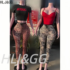 HLJ&GG Y2K Fashion Letter Print Slim Top Two Piece Sets Women O Neck Short Sleeve Crop Tshirts And Leopard Print Pants Outfits