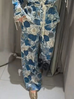 Casual Women's Printed Blouses Pant Set Loose Long Sleeve Lapel Lace