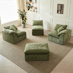 Modern Cloud L-Shaped 3-Seater Oversized Deep Seat Chenille Fabric Sofa Green Modular Sectional with Ottoman