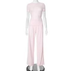 Casual Long Pants Suits Women O-Neck Short Sleeve T-Shirt Elastic