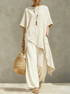 Women Cotton Linen Pant Sets 2 Pieces Casual Half Sleeve Solid Loose Irregular Blouse Elastic Waist Wide Leg Full Trousers Suits