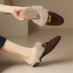 2023 Winter Sheep Suede Women Shoes Rabbit Hair Mules Shoes for Women Round Toe Low Heel Slippers Chunky Heel Cover Toe Slippers