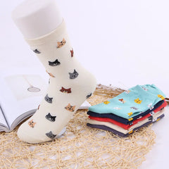 5 Pairs Women Cat Print Mid Tube Socks Fashionable Multi-Color Cartoon Patterns That Soft Comfortable Breathable Casual Socks