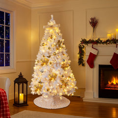 7.5FT White Pre‑lit Artificial Christmas Tree, Hinged Xmas Tree with 400 Warm White LED Lights Remote Control, 1600 Branch Tips with Tree Skirt Bow Gold Ornaments for Home Holiday Decor