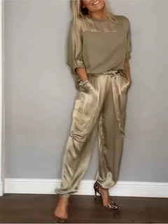 Women's Summer Fashion Solid Satin Two Piece Set Women O Neck Long Sleeved Top Long Pants Casual Loose 2 Piece Set Women Clothes