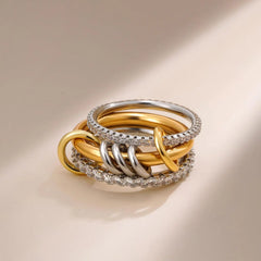 New Stainless Steel Cubic Zirconia Stackable Rings for Women 18k GoldPlating Multi-Link Connected Statement Ring Stack Jewelry