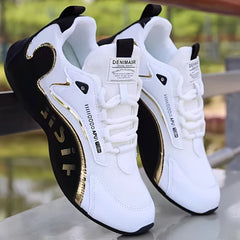 Men'S Black And White Gold Accent Running Shoes Breathable Mesh Upper Lightweight Non Slip Athletic Sneakers For Daily Wear