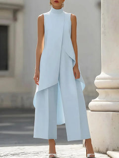 Women High Neck Sleeveless Asymmetric Tunic Wide Leg Pants Set Elegant Formal Business Office Two Piece Outfit