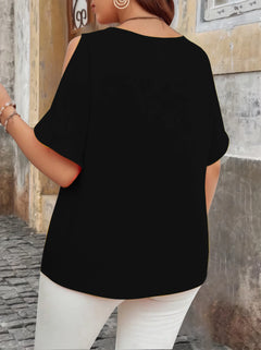 Elegant Off-Shoulder Wave V-Neck T-Shirt - Solid Color Plus Size Women's Blouse, Fashion Casual Short Sleeve Summer Top