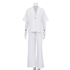 New Cotton Turn-Down Collar Half-Sleeve Top Wide-Leg Pants Two-Piece