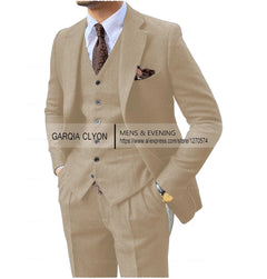 3 Pieces Men's Suits Tweed Herringbone Slim Fit Business Cauasl