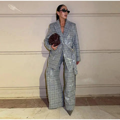 Elegant Sequin Stripe Lapel Neck Top Pant Sets Women Fashion Single Breasted Shine Ribbon Coat Leg Loose Pants Set Female Sets