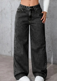 Fashion Solid Color High-Waisted Straight-Leg Jeans Women Loose Pockets Jeans Suitable Daily Casual Jean