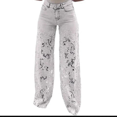 High Waist Wide Leg Jeans Pants Summer Fashionable Lace Splicing Hollow Out Denim Draping Jeans Ladies Cotton Zipper Spring
