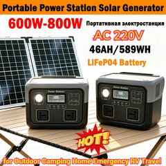 800W 46Ah Portable Power Station 600W/800W 589WH Solar Generator Backup PowerBank for Outdoor Camping, Home Emergency, RV Travel