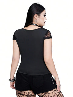 Plus Size  Sexy V-neck Bow Lace Sheer Blouse  Slim-fit Top    Y2K Style  Halloween Collection Black Cat T-shirt