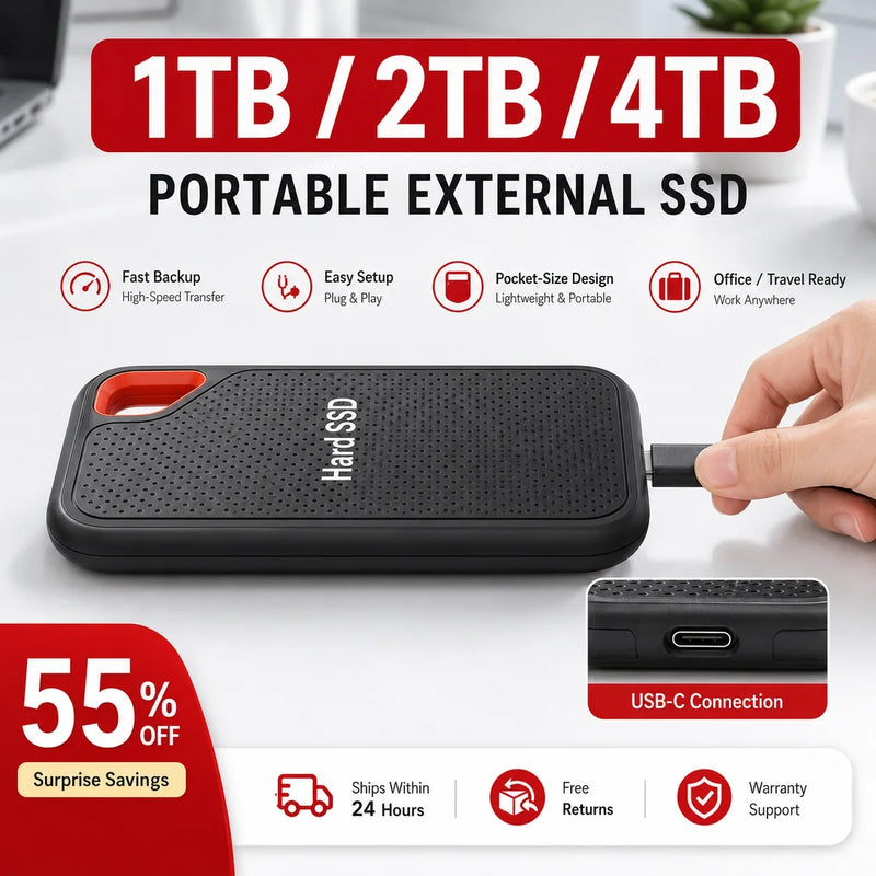 16TB Portable SSD External Hard Drive USB 3.1 Type-C High-Speed Data Storage for Laptop/Mac