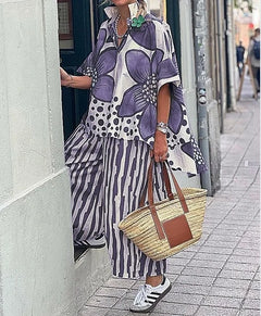2 Piece Sets Women Summer Print Loungewear Long Pants Sets Vintage