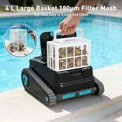 Cordless robotic pool cleaner for above-ground and in-ground pools; features automatic parking; maximum cleaning coverage of 19.8 meters / 1,100 square meters (tracked model).