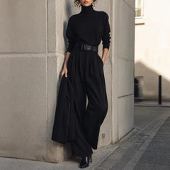 2 Piece Set Women's High-Neck Turtleneck Long Sleeve High-Waist Belted