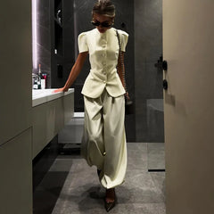 Elegant Short Sleeve Top Pants Set Women's Solid Single-breasted O Neck Waist-cinching Tops Loose Lantern Trousers 2026 Outfits