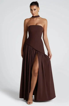 Solid Spliced Ribbon Maxi Dress Women Elegant Strapless Sleeveless Slit Long Dresses 2025 New Summer Holiday Party Lady Vestidos