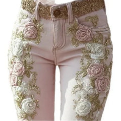 Women's pants 2025 women's retro pink rose embroidery art print jeans with elegant temperament