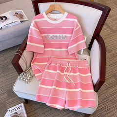 Women Plus Size Summer Regular Short Sleeve Suits Casual Strecth Cute Outfits Women Stripe O Neck Loose Two Piece Shorts Sets