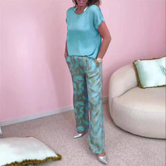 Casual O Neck Short Sleeved T Shirt Printed Trousers 2 Piece Spring