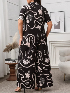 GIBSIE Plus Size Women's Casual Pants Sets Printing Loose Short-sleeved Shirts And Wide-leg Trousers Woman Two Piece Outfits