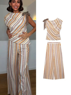 TFMLN Women's Stripe Printed Sets Chic Bow Decoration Sleeveless Irregular Top Wide Leg Pants Female Holiday Sets 2026 Summer