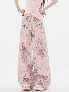 New Women Chinese Style Pink Embroidered Jeans Summer Casual Wide Leg Floor Length Pants with Printed Design