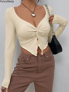 Fairyshely 2026 Autumn Winter V Neck Bodycon T-shirt Sexy Women Long Sleeve Bodycon Crop Top Lady Apricot Y2K Club Short Tops