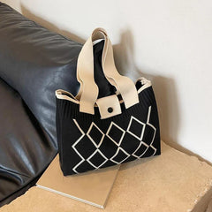 Rhombus Line Knitted Hand Bag Female All-Match Snap Button Portable Tote Bag Large Capacity Student Fine Needle Wallet Autumn