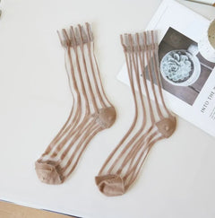 Transparent Crystal Silk Socks Women Fashion Ultra-thin Summer Harajuku Crew Socks Flower Streetwear Elastic Long Mesh Socks