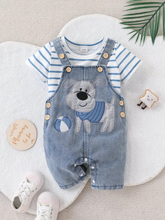 Baby Boy Striped T-Shirt + Cartoon Bear Denim Overalls Set, Cute Summer Casual Outfit for Going Out