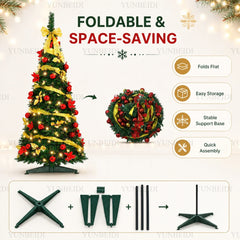 Folding Christmas Tree with LED Lights and Christmas Flowers Telescopic Artificial Christmas Tree 150CM/180CM Home Decoration