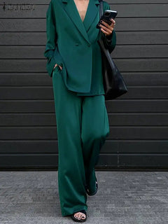 ZANZEA  2024 Fashion Women Loose Pants Sets Long Sleeve Shirts Wide Leg Pants Lady Casual Office Outfits Tracksuit Streetwears