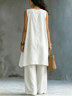 Fashion Summer Sexy Loose Solid color Linen 2 Piece Set Draped Sleeveless Top High Waist Wide Leg Pants Outfit Vacation Women