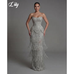 Lily Silver Strapless Prom Dress Beaded Corset with Fringe Skirt Evening Dress Luxury Mermaid Party Dress For Women Customized
