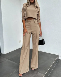 Casual Long Sleeve Shirt Pants Set Office Lady Spring Autumn Fashion