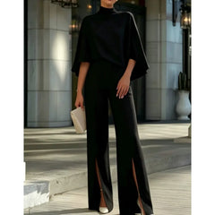 Autumn Women's Half Turtleneck Shawl Top Fashion Slit Wide Leg