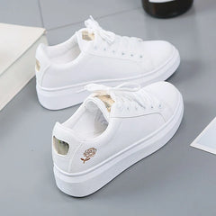 Women Leather Pu Casual Shoes New 2025 Woman Shoes Fashion Embroidered White Sneakers Breathable Flower Lace-Up Women Sneakers