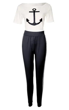 CPSYMYM Two Piece Set Women Outfit Summer  Anchor Print Short Sleeve Round Neck Top & Casual High Waist Daily Long Pants