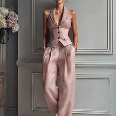 2026 Summer Women Two Piece Set Single-breasted Sleeveless Vest Top And Trousers Pants Set Suit Office Ladies Suits