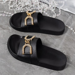 Women's Summer Fashion Gold Decorative Buckle Non Slip Light Comfortable Breathable Round Head Indoor and Outdoor Slippers